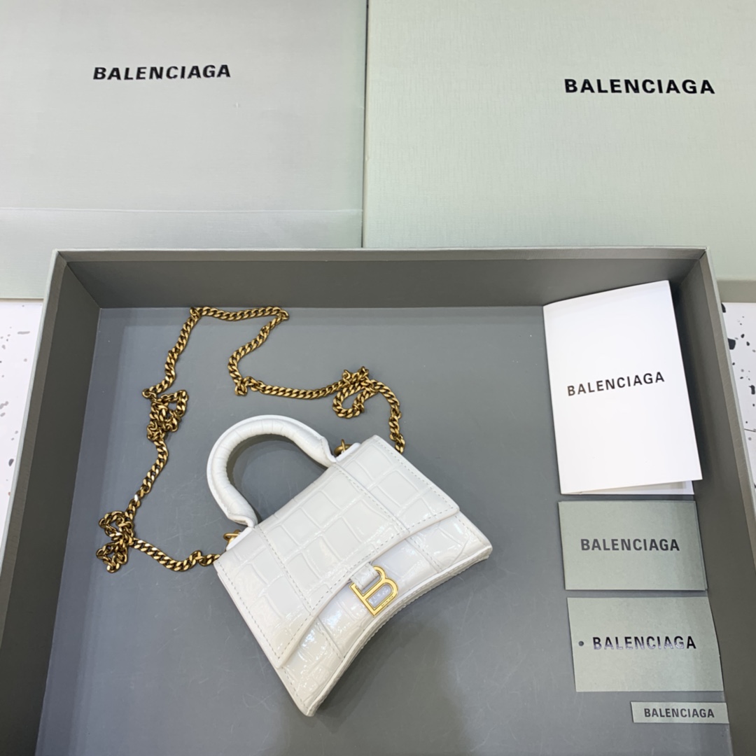 Balenciaga Hourglass Mini Handbag With Chain Crocodile Embossed Shoulder Bag White